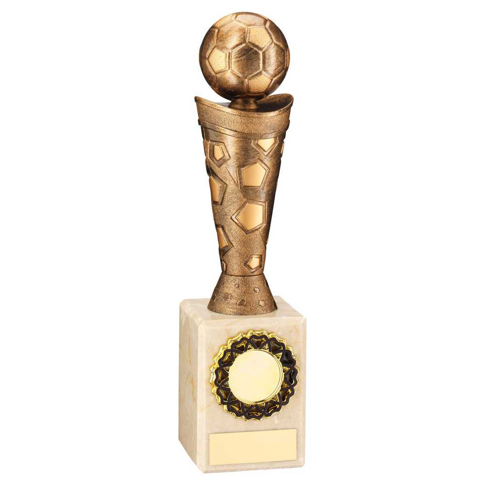 BRONZE/GOLD PLASTIC FOOTBALL FIGURE ON CREAM MARBLE TROPHY - (1in CEN) 9in