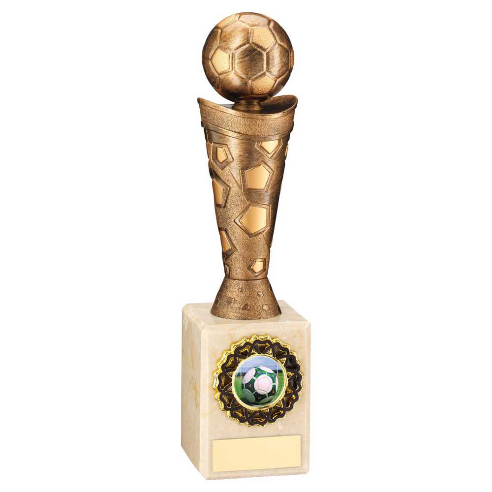 BRONZE/GOLD PLASTIC FOOTBALL FIGURE ON CREAM MARBLE TROPHY - (1in CEN) 9in