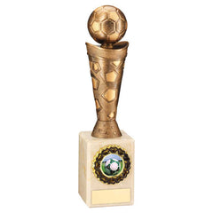 BRONZE/GOLD PLASTIC FOOTBALL FIGURE ON CREAM MARBLE TROPHY - (1in CEN) 9in