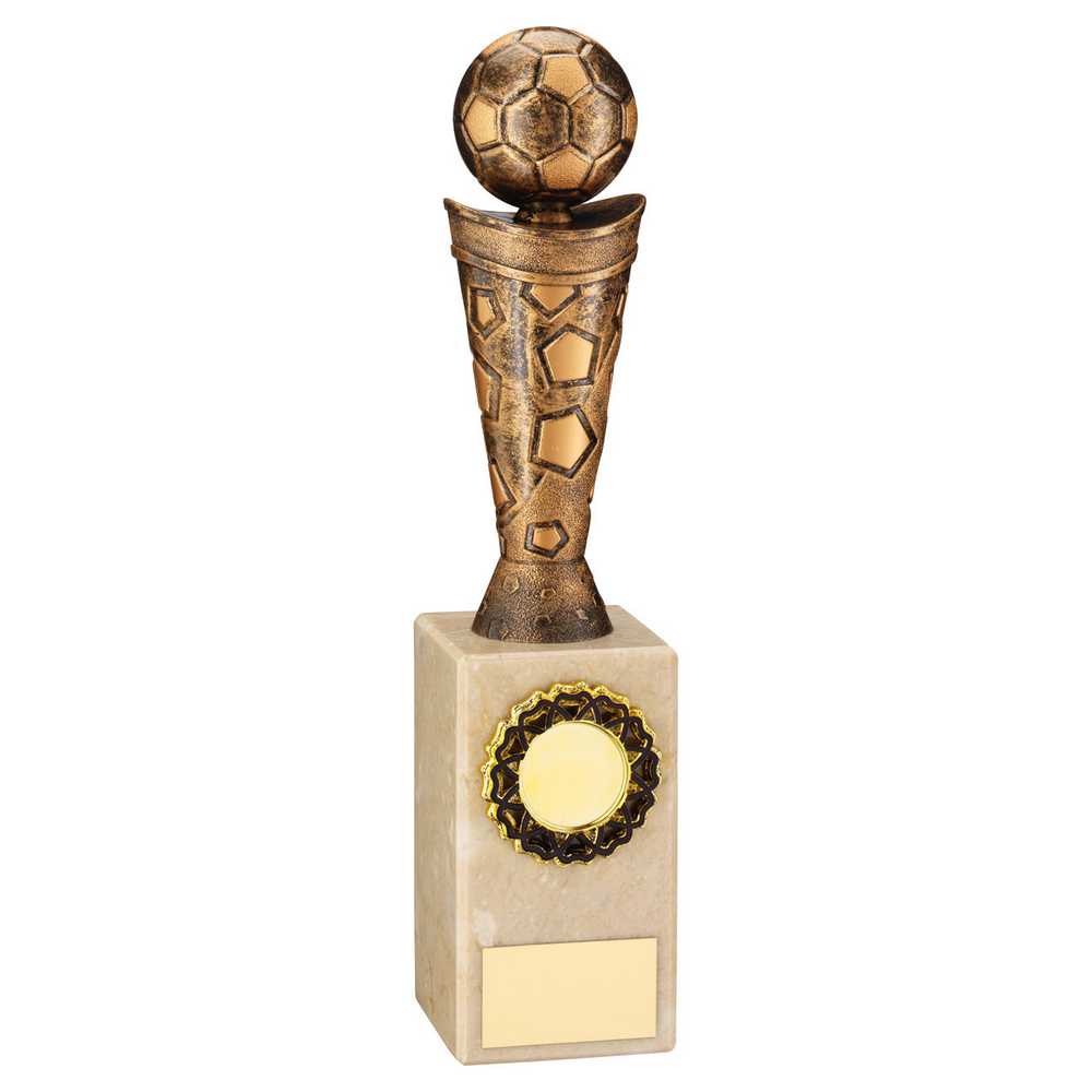 BRONZE/GOLD PLASTIC FOOTBALL FIGURE ON CREAM MARBLE TROPHY - (1in CEN) 10in