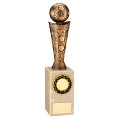 BRONZE/GOLD PLASTIC FOOTBALL FIGURE ON CREAM MARBLE TROPHY - (1in CEN) 10in
