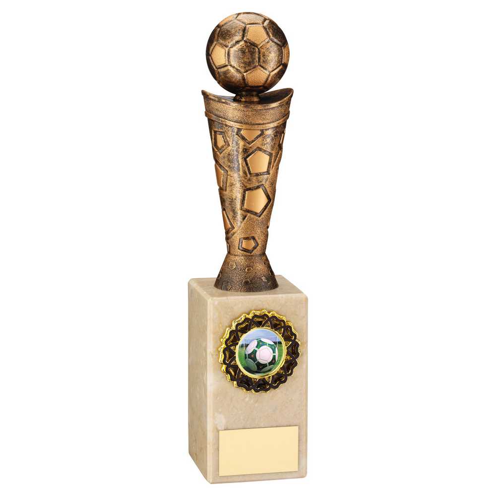 BRONZE/GOLD PLASTIC FOOTBALL FIGURE ON CREAM MARBLE TROPHY - (1in CEN) 10in