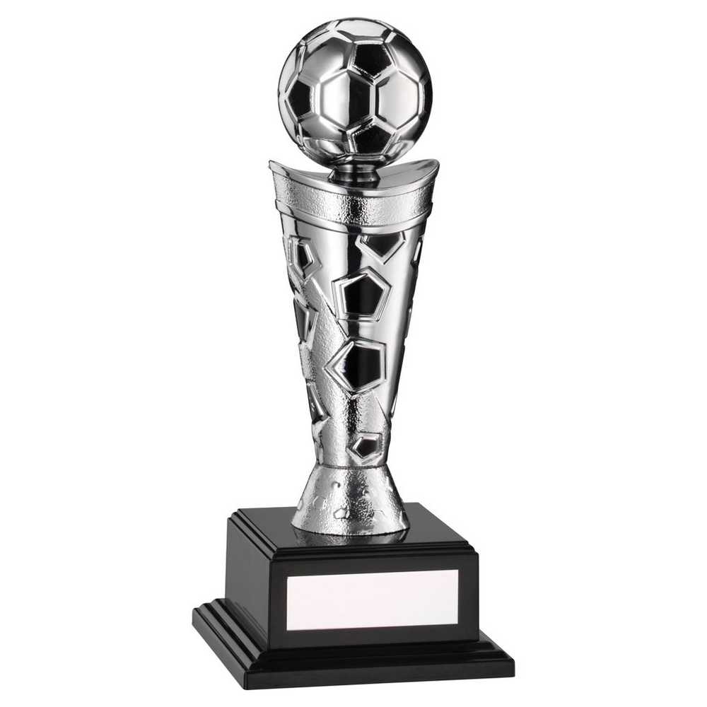 SILVER/BLACK PLASTIC FOOTBALL FIGURE ON BASE - 7.5in
