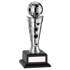 SILVER/BLACK PLASTIC FOOTBALL FIGURE ON BASE - 7.5in
