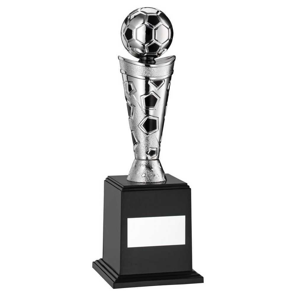 SILVER/BLACK PLASTIC FOOTBALL FIGURE ON BASE - 9.5in
