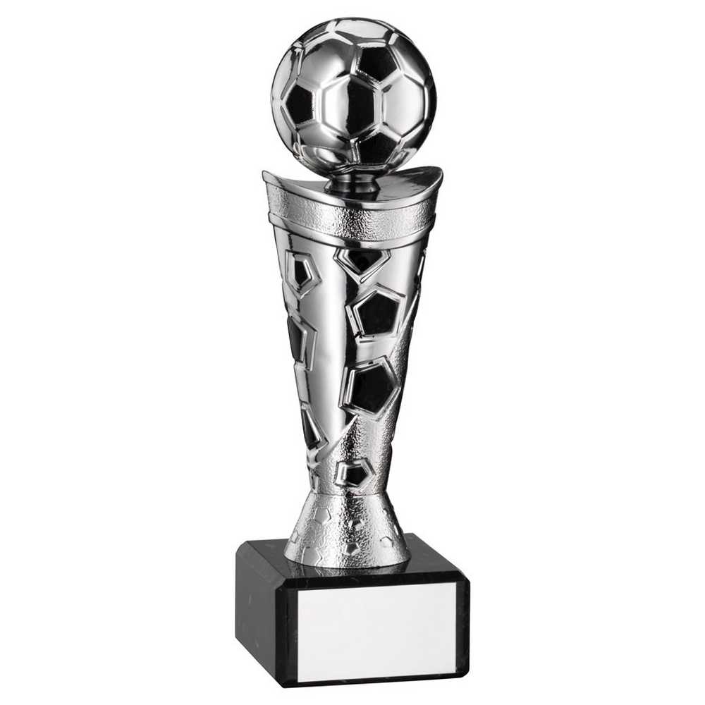 SILVER/BLACK PLASTIC FOOTBALL FIGURE ON BLACK MARBLE TROPHY - 7.25in