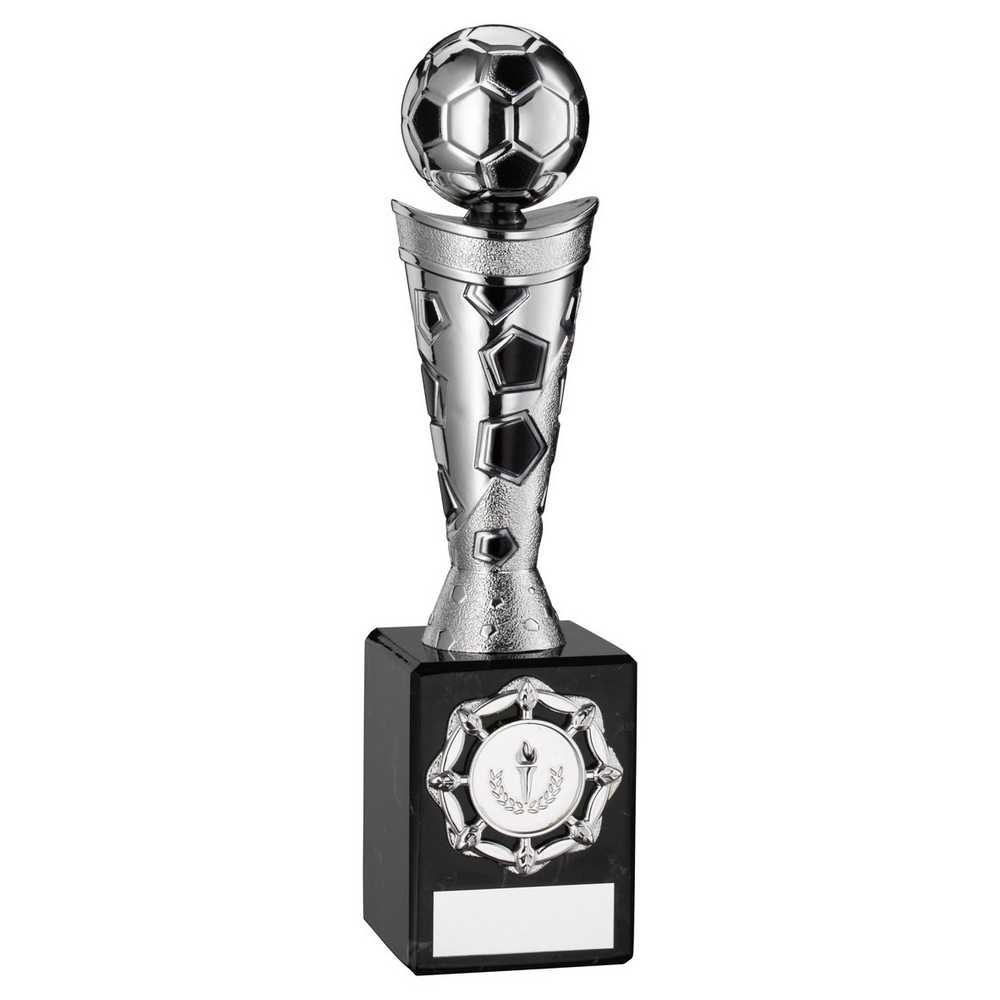 SILVER/BLACK PLASTIC FOOTBALL FIGURE ON BLACK MARBLE TROPHY - (1in CEN) 9in
