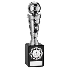 SILVER/BLACK PLASTIC FOOTBALL FIGURE ON BLACK MARBLE TROPHY - (1in CEN) 9in