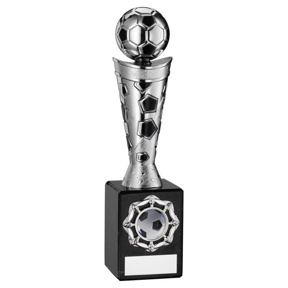 SILVER/BLACK PLASTIC FOOTBALL FIGURE ON BLACK MARBLE TROPHY - (1in CEN) 9in