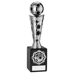 SILVER/BLACK PLASTIC FOOTBALL FIGURE ON BLACK MARBLE TROPHY - (1in CEN) 9in
