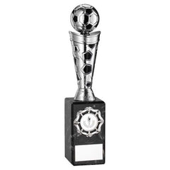 SILVER/BLACK PLASTIC FOOTBALL FIGURE ON BLACK MARBLE TROPHY - (1in CEN) 10in
