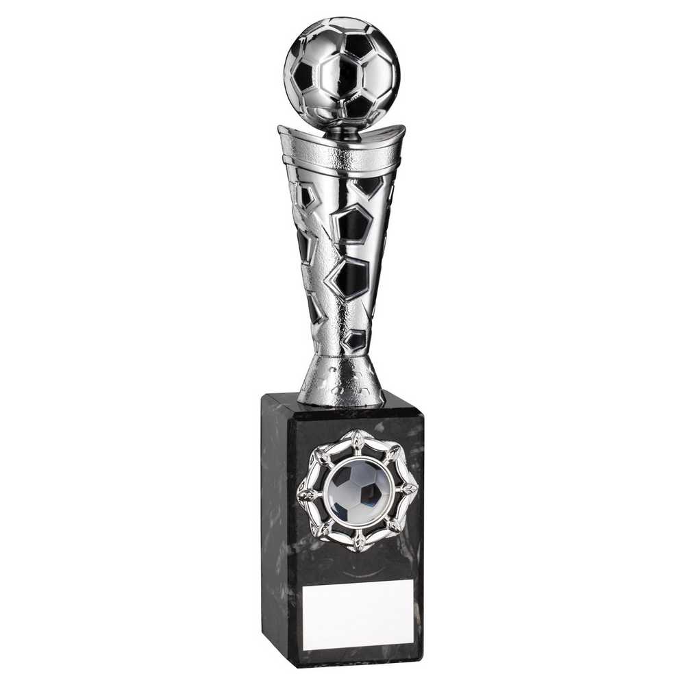 SILVER/BLACK PLASTIC FOOTBALL FIGURE ON BLACK MARBLE TROPHY - (1in CEN) 10in