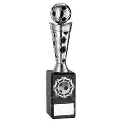 SILVER/BLACK PLASTIC FOOTBALL FIGURE ON BLACK MARBLE TROPHY - (1in CEN) 10in