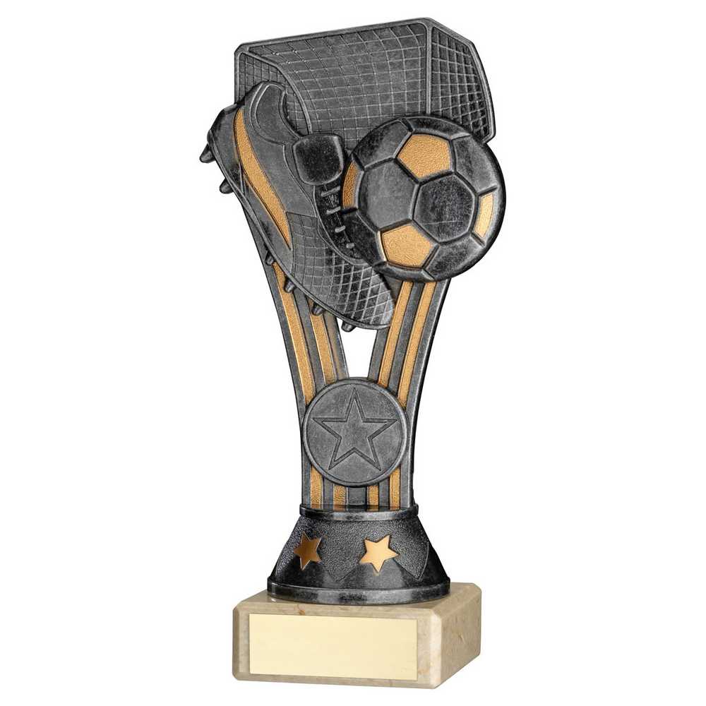 PEWTER/GOLD PLASTIC 'WEMBLEY' FIGURE ON CREAM MARBLE TROPHY - (1in CEN) - 6.75in