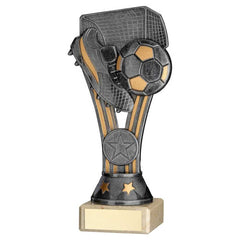 PEWTER/GOLD PLASTIC 'WEMBLEY' FIGURE ON CREAM MARBLE TROPHY - (1in CEN) - 6.75in