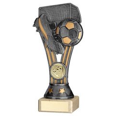 PEWTER/GOLD PLASTIC 'WEMBLEY' FIGURE ON CREAM MARBLE TROPHY - (1in CEN) - 6.75in