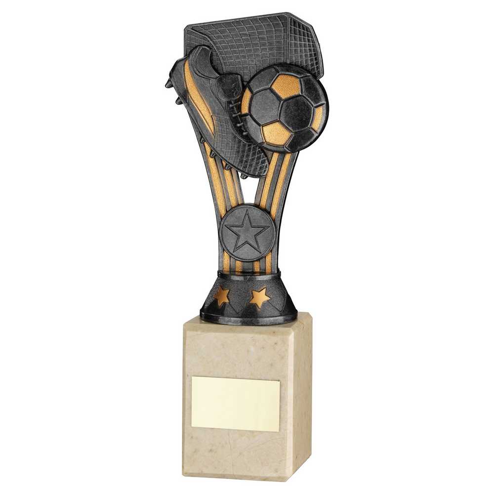 PEWTER/GOLD PLASTIC 'WEMBLEY' FIGURE ON CREAM MARBLE TROPHY - (1in CEN) - 9in
