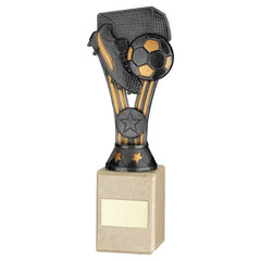 PEWTER/GOLD PLASTIC 'WEMBLEY' FIGURE ON CREAM MARBLE TROPHY - (1in CEN) - 9in