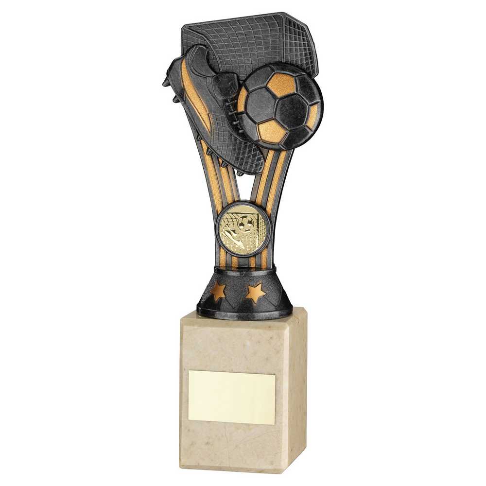 PEWTER/GOLD PLASTIC 'WEMBLEY' FIGURE ON CREAM MARBLE TROPHY - (1in CEN) - 9in