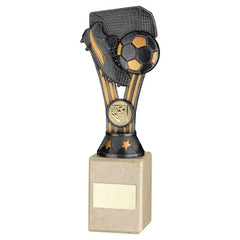 PEWTER/GOLD PLASTIC 'WEMBLEY' FIGURE ON CREAM MARBLE TROPHY - (1in CEN) - 9in