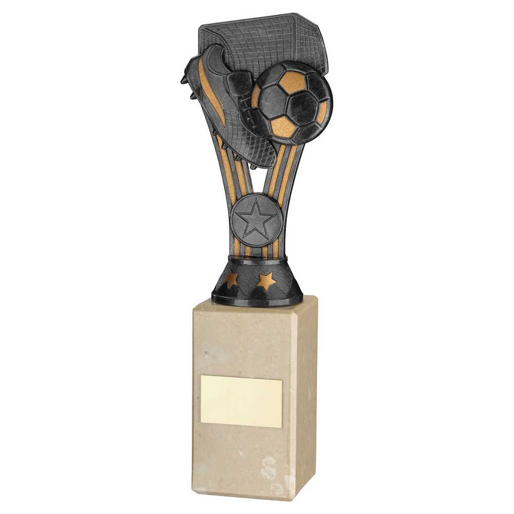 PEWTER/GOLD PLASTIC 'WEMBLEY' FIGURE ON CREAM MARBLE TROPHY - (1in CEN) - 10in