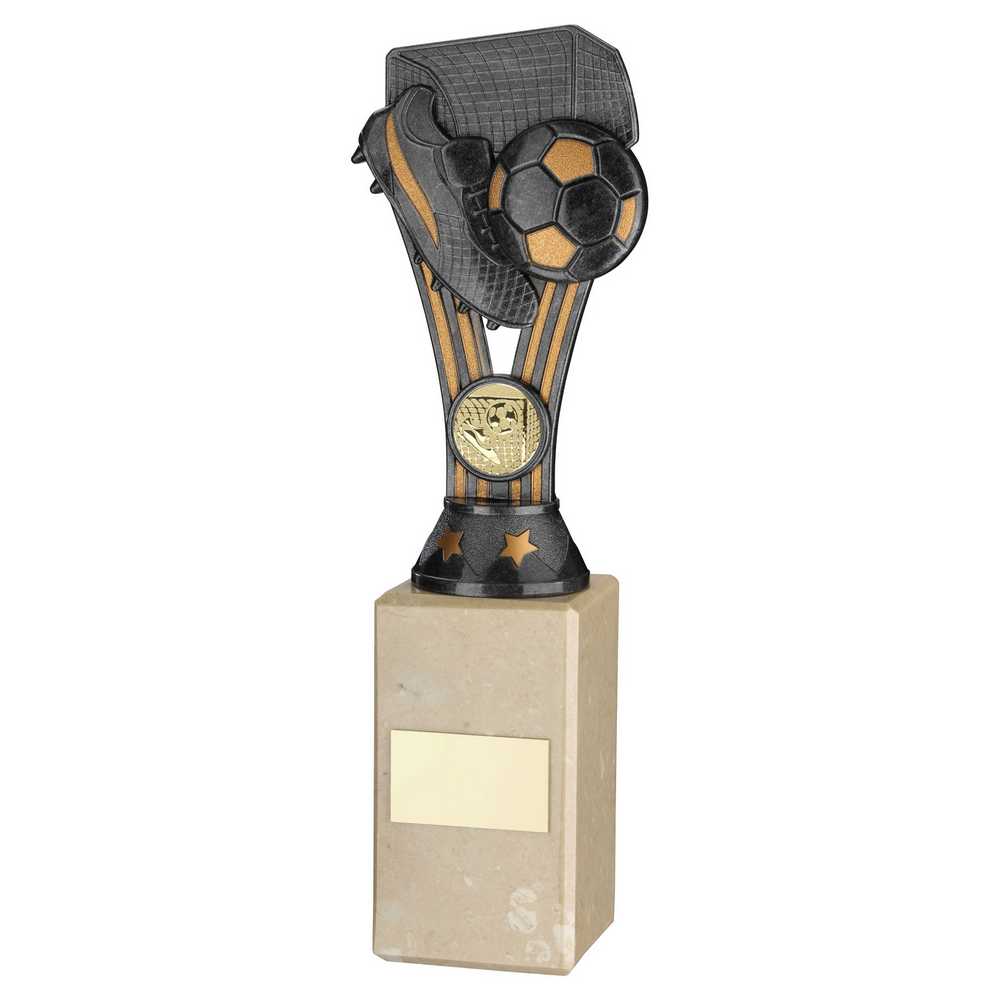 PEWTER/GOLD PLASTIC 'WEMBLEY' FIGURE ON CREAM MARBLE TROPHY - (1in CEN) - 10in