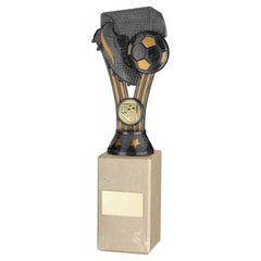 PEWTER/GOLD PLASTIC 'WEMBLEY' FIGURE ON CREAM MARBLE TROPHY - (1in CEN) - 10in