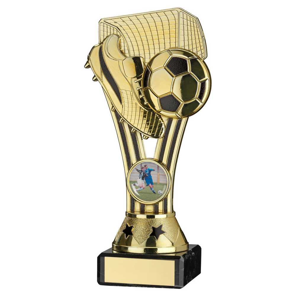 GOLD/BLACK PLASTIC 'WEMBLEY' FIGURE ON BLACK MARBLE TROPHY - (1in CEN) - 6.75in - Optimum Teamwear