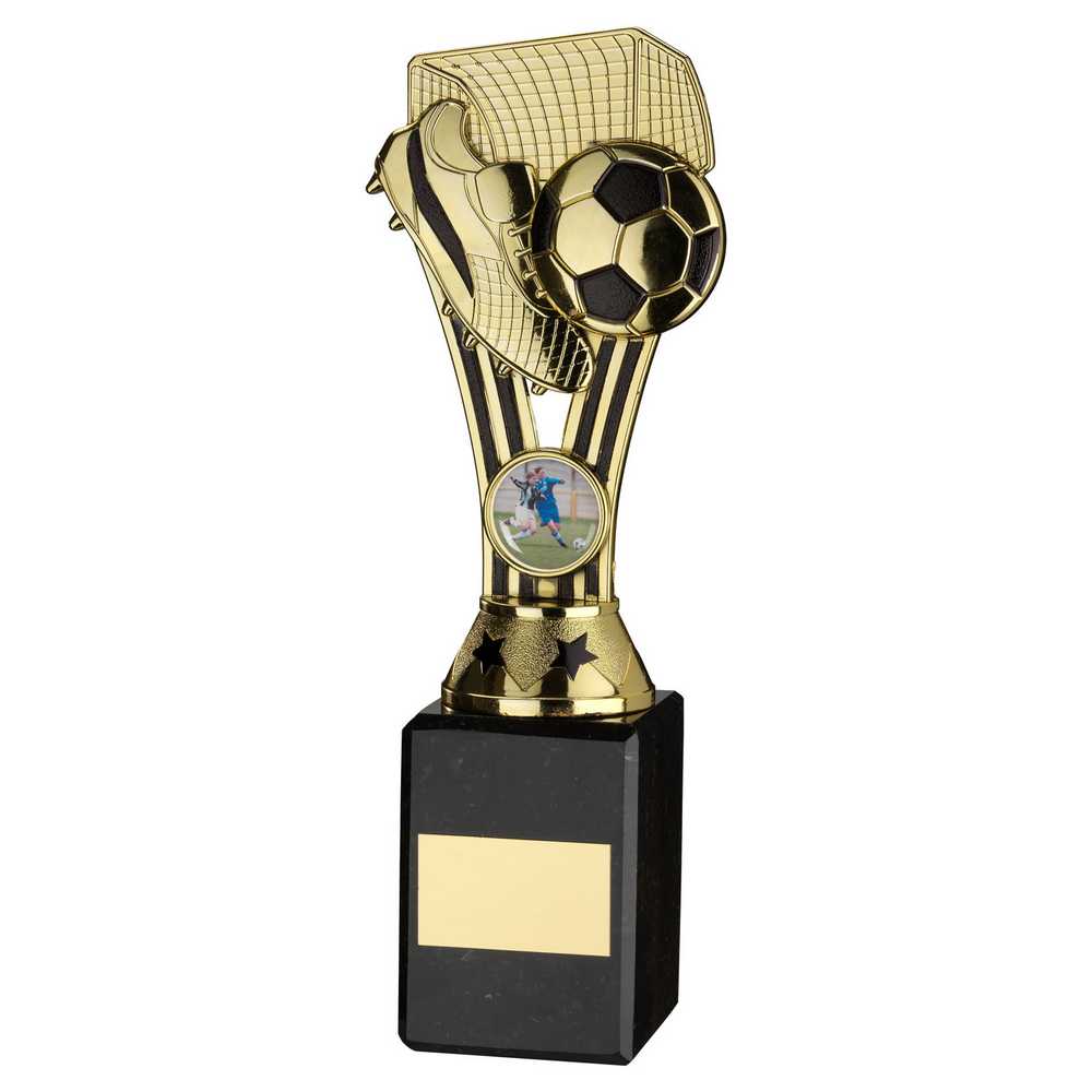 GOLD/BLACK PLASTIC 'WEMBLEY' FIGURE ON BLACK MARBLE TROPHY - (1in CEN) - 9in