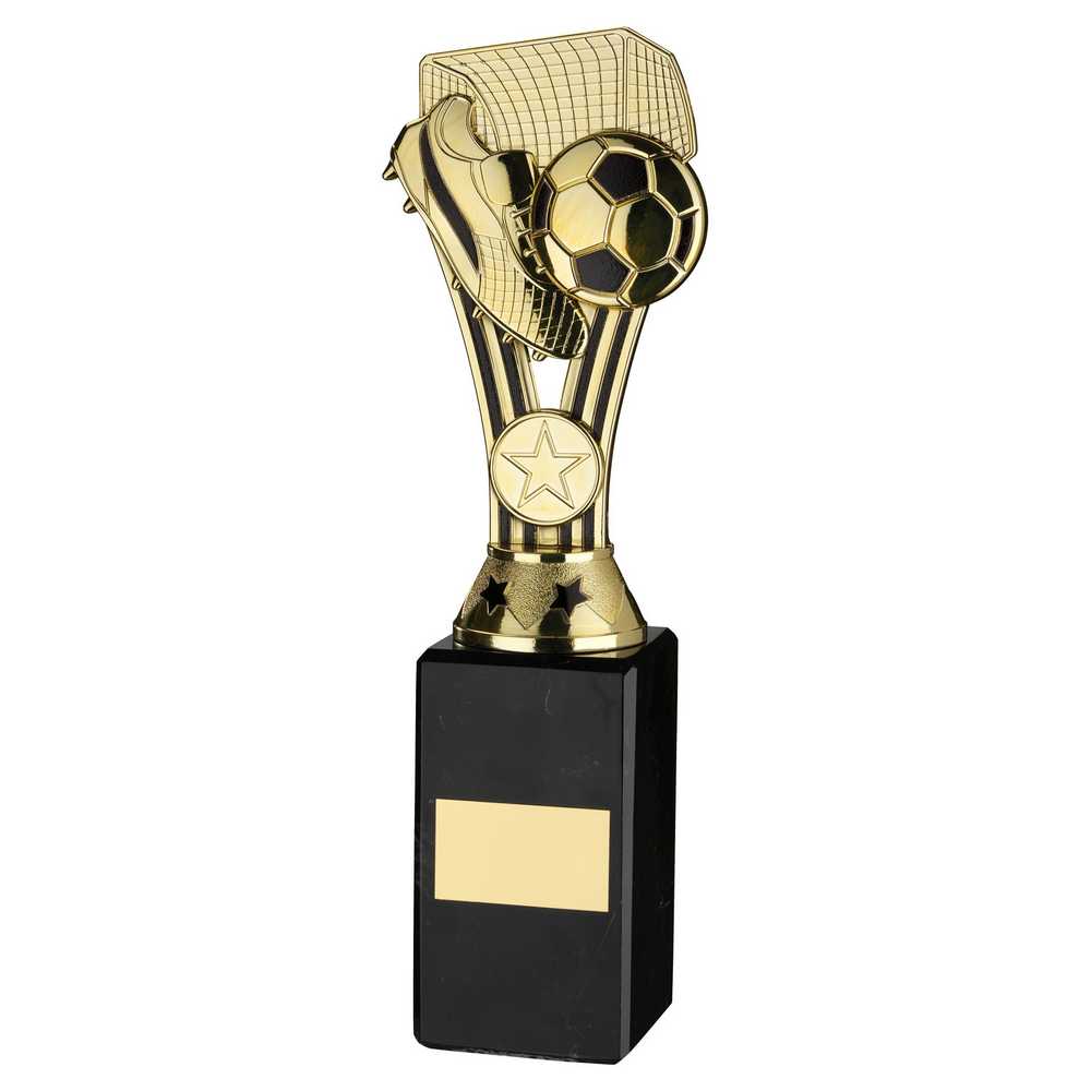 GOLD/BLACK PLASTIC 'WEMBLEY' FIGURE ON BLACK MARBLE TROPHY - (1in CEN) - 10in