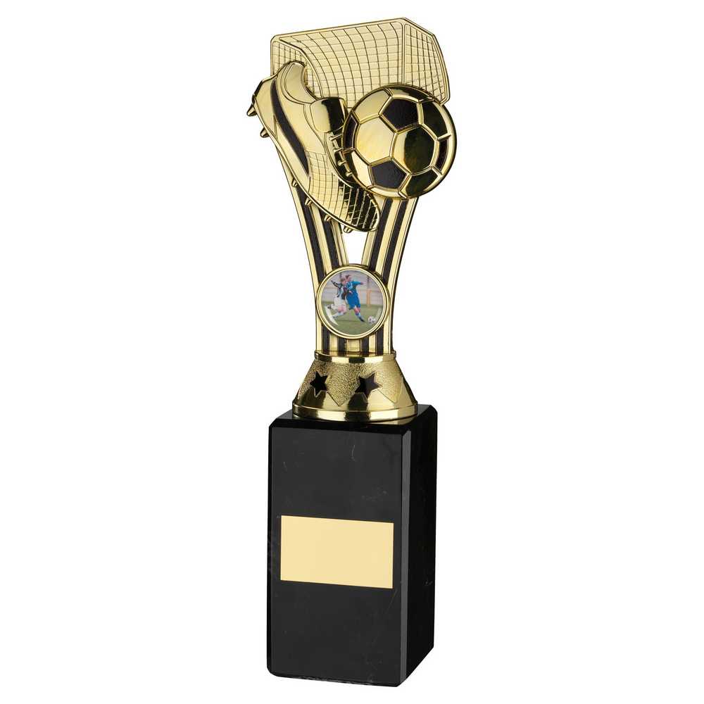 GOLD/BLACK PLASTIC 'WEMBLEY' FIGURE ON BLACK MARBLE TROPHY - (1in CEN) - 10in