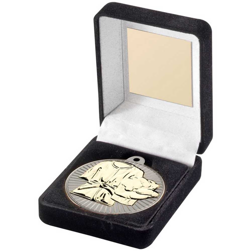 BLACK VELVET BOX AND 50mm MARTIAL ARTS MEDAL TROPHY MATT SILVER/GOLD - 3.5in