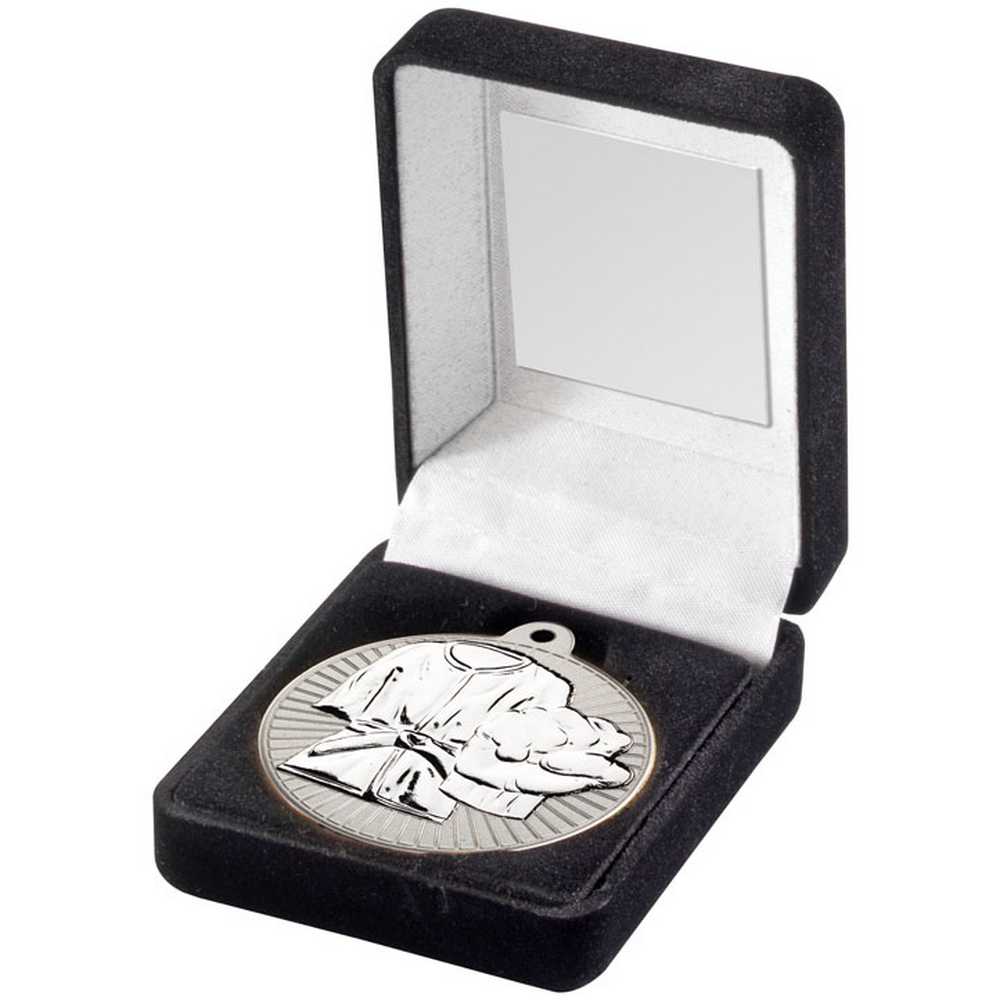 BLACK VELVET BOX AND 50mm MARTIAL ARTS MEDAL TROPHY MATT SILVER/SILVER - 3.5in