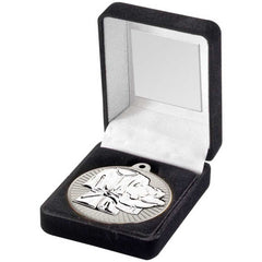 BLACK VELVET BOX AND 50mm MARTIAL ARTS MEDAL TROPHY MATT SILVER/SILVER - 3.5in