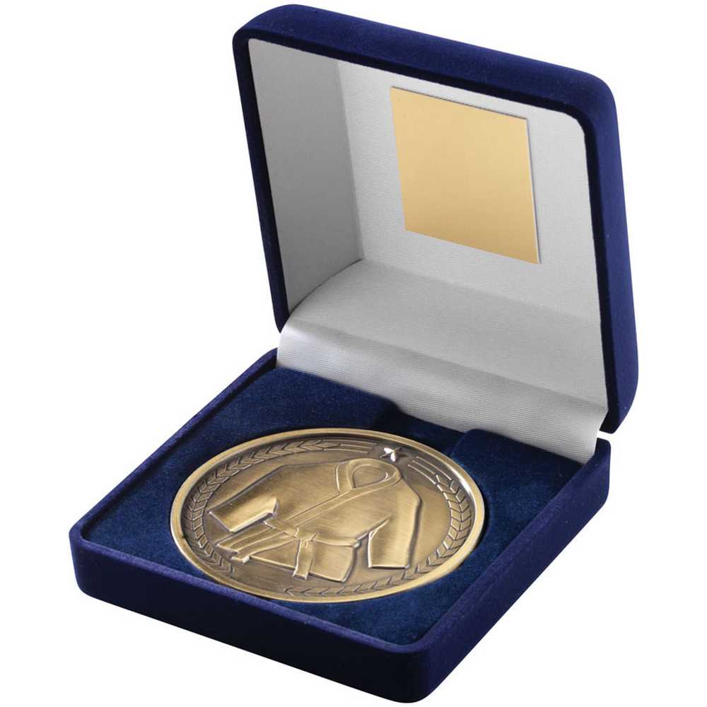 BLUE VELVET BOX AND 70mm MEDALLION MARTIAL ARTS TROPHY ANTIQUE GOLD - 4in