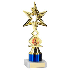 GOLD/BLUE 'DANCE/GYM' STAR FIGURE ASSEMBLED ON MARBLE (1" CEN/1" TUBE) - 8in