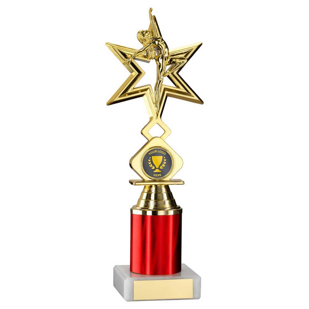 GOLD/RED 'DANCE/GYM' STAR FIGURE ASSEMBLED ON MARBLE (1" CEN/2" TUBE) - 9in