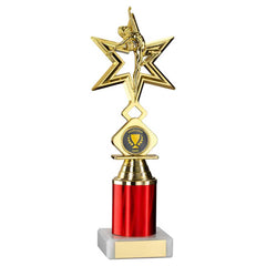 GOLD/RED 'DANCE/GYM' STAR FIGURE ASSEMBLED ON MARBLE (1" CEN/2" TUBE) - 9in