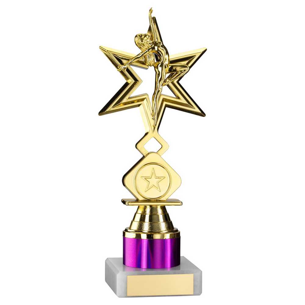 GOLD/PURPLE 'DANCE/GYM' STAR FIGURE ASSEMBLED ON MARBLE (1" CEN/1" TUBE) - 8in