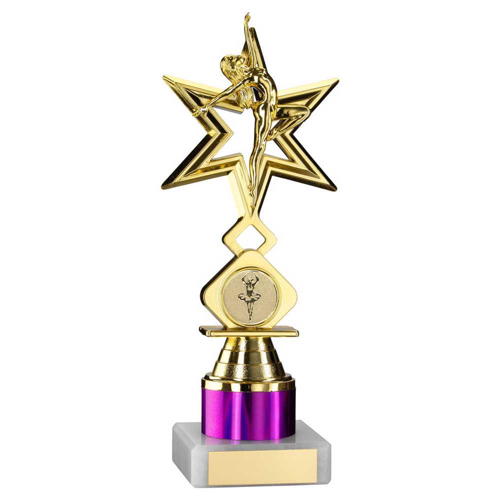 GOLD/PURPLE 'DANCE/GYM' STAR FIGURE ASSEMBLED ON MARBLE (1" CEN/1" TUBE) - 8in