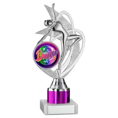 SILVER/PURPLE 'DANCE/GYM' FIGURE ASSEMBLED ON MARBLE (2" CEN/1" TUBE) - 8in