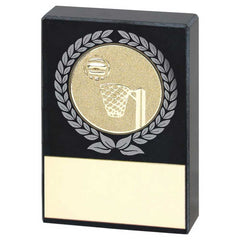 BLACK MARBLE WITH SILVER/GOLD WREATH, NETBALL INSERT AND PLATE - 2.5x1.75in