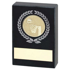 BLACK MARBLE WITH SILVER/GOLD WREATH, NETBALL INSERT AND PLATE - 3x2in