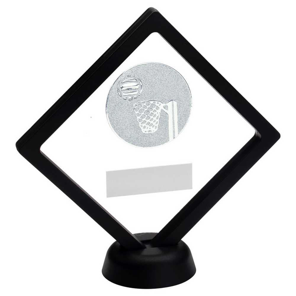 BLACK/CLEAR PLASTIC BOX WITH NETBALL INSERT TROPHY SILVER - 6in