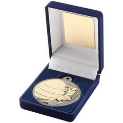 BLUE VELVET BOX AND 50mm NETBALL MEDAL TROPHY MATT SILVER/GOLD - 3.5in