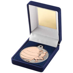 BLUE VELVET BOX AND 50mm NETBALL MEDAL TROPHY MATT SILVER/BRONZE - 3.5in