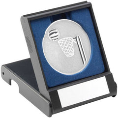 BLACK PLASTIC BOX WITH NETBALL INSERT TROPHY SILVER - 3.5in