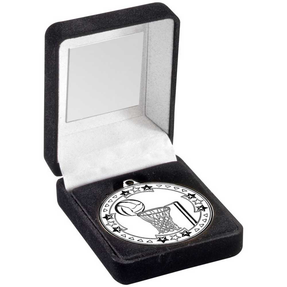 BLACK VELVET MEDAL BOX AND 50mm MEDAL NETBALL TROPHY SILVER - 3.5in