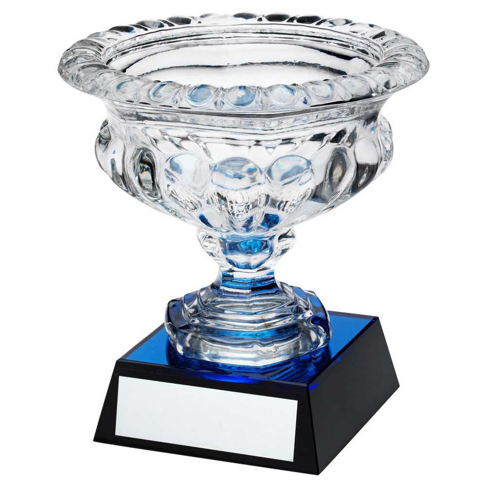 CLEAR GLASS BOWL ON BLUE/BLACK BASE WITH PLATE (APPROX 7" DIA) - 8.25in