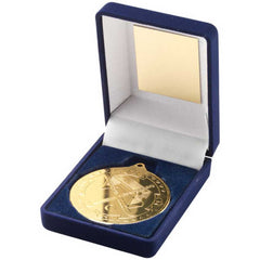 BLUE VELVET BOX AND 50mm MEDAL HOCKEY TROPHY GOLD - 3.5in